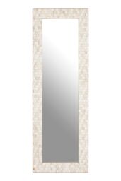 Orsina Boho Rectangular Wall Mirror, Whitewash Teak Wood Mosaic Frame, Subtle Accent Mirror for Living Room in White - thumbnail 1
