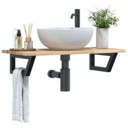 Berkfield Home Basin Shelf Wall Mounted Steel & Solid Wood Acacia in Brown - thumbnail 1