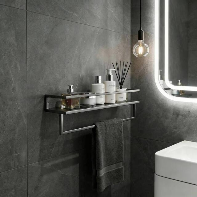 OHS Towel Rail Bathroom Shelf Space Saving Storage Unit Wall Mounted in Silver - image 1