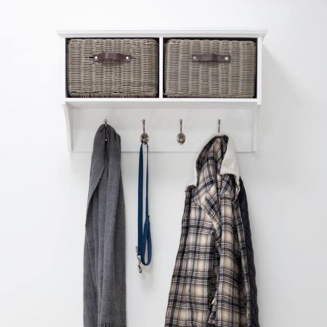 Statement Furniture Tetbury Coat Rack Hanging Shelf with 2 Grey Storage Baskets in White - image 1