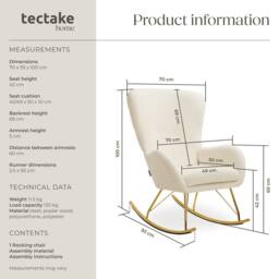 tectake Rocking Chair Swing - Armchair Steel Runners, Thick Padding in Beige - thumbnail 6