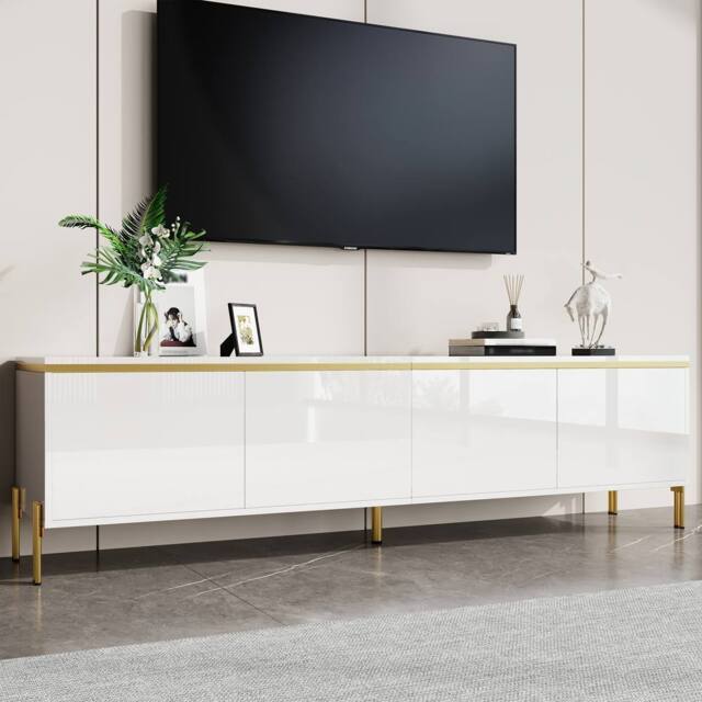BTM High Gloss TV Stand 4 Doors Gold Edge Cable Management Storage in White - image 1