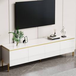 BTM High Gloss TV Stand 4 Doors Gold Edge Cable Management Storage in White - thumbnail 6
