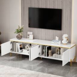 BTM High Gloss TV Stand 4 Doors Gold Edge Cable Management Storage in White - thumbnail 8