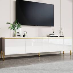 BTM High Gloss TV Stand 4 Doors Gold Edge Cable Management Storage in White