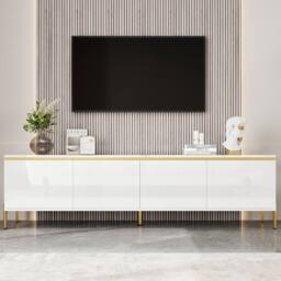 BTM High Gloss TV Stand 4 Doors Gold Edge Cable Management Storage in White - thumbnail 7
