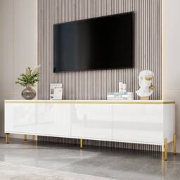 BTM High Gloss TV Stand 4 Doors Gold Edge Cable Management Storage in White - thumbnail 5