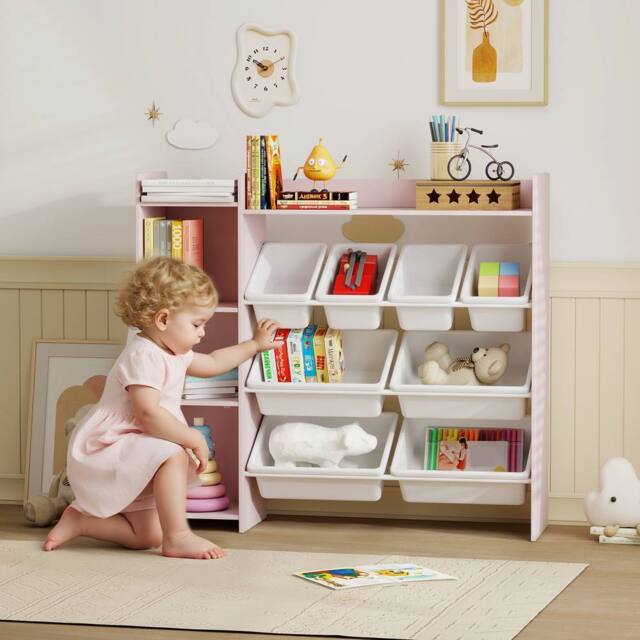 AIYAPLAY Toy Storage Unit with 8 Removable Bins, Storage Shelves, Cabinet in Pink - image 1