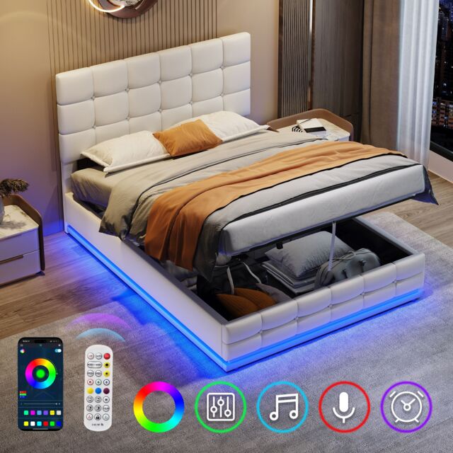 Matteo Cream White Ottoman Double Bed Frame with RGB LED Lighting, Hydraulic Storage & Adjustable Tufted PU Leather Headboard - image 1