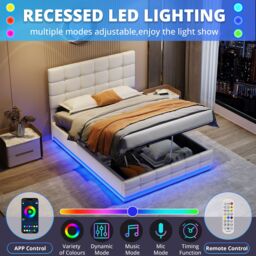 Matteo Cream White Ottoman Double Bed Frame with RGB LED Lighting, Hydraulic Storage & Adjustable Tufted PU Leather Headboard - thumbnail 5