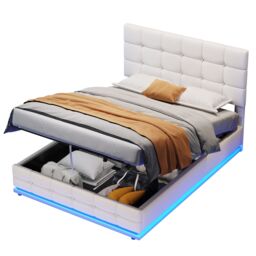 Matteo Cream White Ottoman Double Bed Frame with RGB LED Lighting, Hydraulic Storage & Adjustable Tufted PU Leather Headboard - thumbnail 8