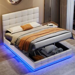 Matteo Cream White Ottoman Double Bed Frame with RGB LED Lighting, Hydraulic Storage & Adjustable Tufted PU Leather Headboard - thumbnail 3