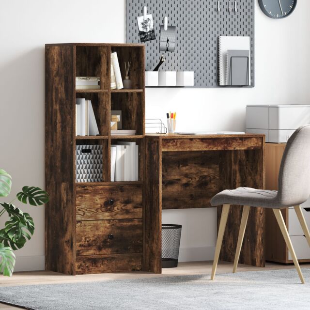 Berkfield Home Desk with Storage Smoked Oak Engineered Wood in Brown - image 1