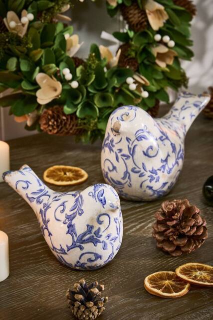 Dibor Set of 2 Solene Blue Botanical Table Decorative Bird Ornaments in Off-White - Size: Medium - image 1