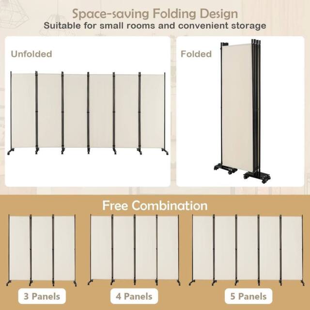 Kelvenix 6-Panel Folding Room Divider 172cm Rolling Privacy Screen in Cream - Size: 500mm - image 1