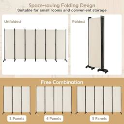 Kelvenix 6-Panel Folding Room Divider 172cm Rolling Privacy Screen in Cream - Size: 500mm - thumbnail 1