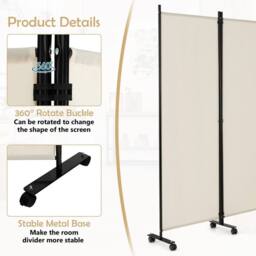 Kelvenix 6-Panel Folding Room Divider 172cm Rolling Privacy Screen in Cream - Size: 500mm - thumbnail 2