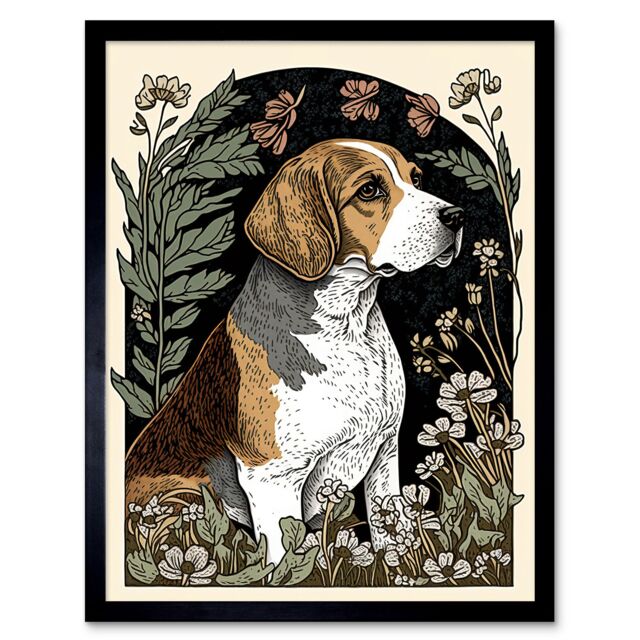 "Artery8 Wall Art Print Beagle Dog with Daisies Modern Stylised Art Framed in Black - Size: W12"" x H16""" - image 1