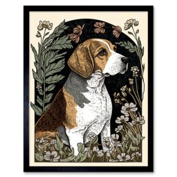 "Artery8 Wall Art Print Beagle Dog with Daisies Modern Stylised Art Framed in Black - Size: W12"" x H16""" - thumbnail 1
