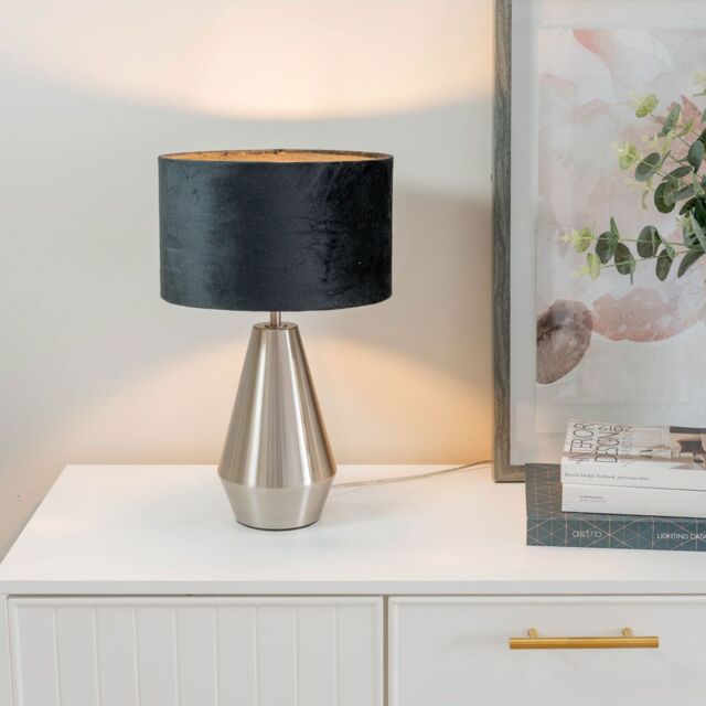 ValueLights Jax Brushed Chrome Dimmable Touch Table Lamp with Velvet Drum Shade in Black - image 1