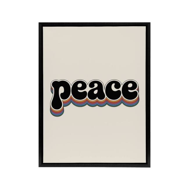 "Artery8 Peace Colourful Retro Rainbow Font Typography Framed Canvas Art Print in Beige - Size: W12"" x H16""" - image 1