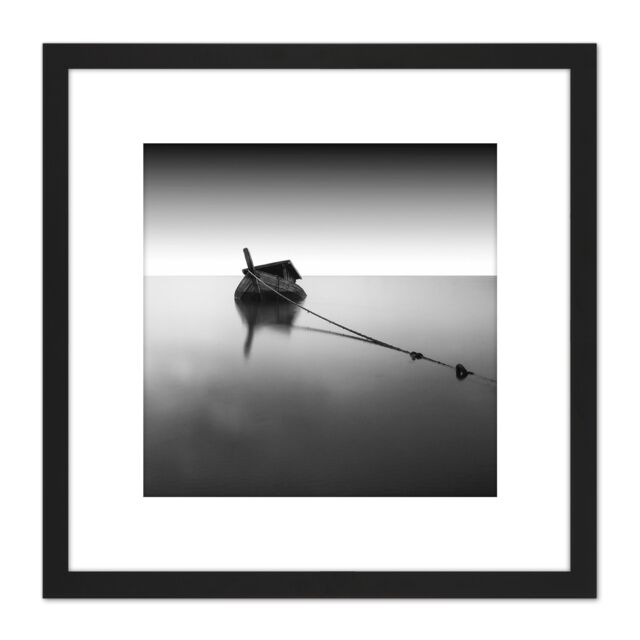 Artery8 Sunken Boat Sea Black White Photo 8X8 Inch Square Wooden Framed Wall Art Print Picture with Mount - image 1