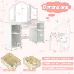 Costway 2-in-1 Dressing Table & Chair Set Vanity Table Desk w/ Removable Mirrors in White - thumbnail 2