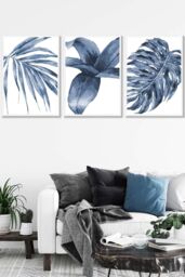 ARTZE Set of 3 White Framed Tropical Plants Navy Blue Abstract Wall Art - Size: W33 cm x H45 cm x D20mm