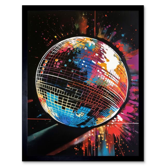 "Artery8 Wall Art Print Disco Ball Music Night Reflections Modern Spray Paint Painting Art Framed in Black - Size: W12"" x H16""" - image 1