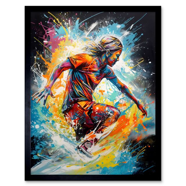 "Artery8 Wall Art Print Surfer Surfing on Splatter Paint Crashing Waves Art Framed in Black - Size: W12"" x H16""" - image 1