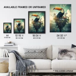 "Artery8 Surreal Fantasy Toucan Bird Nature Retreat Wall Art Print in Blue - Size: W24"" x H32""" - thumbnail 3