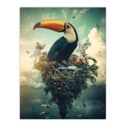 "Artery8 Surreal Fantasy Toucan Bird Nature Retreat Wall Art Print in Blue - Size: W24"" x H32""" - thumbnail 1
