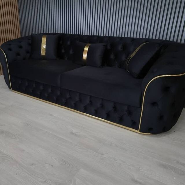 Stratus Interiors Ambassador 3-Seater Sofa Gold Trim Plush Velvet Fabric in Black - image 1