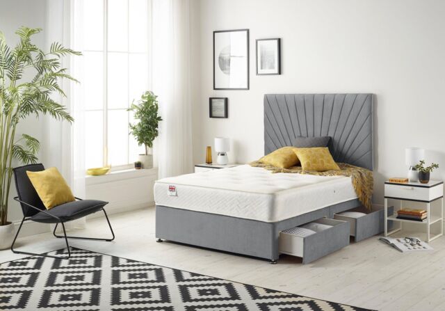 Somnior Platinum Sprung Memory Foam 2 Drawer Divan Bed with Upholstered Headboard Plush Velvet in Charcoal - Size: Single - image 1