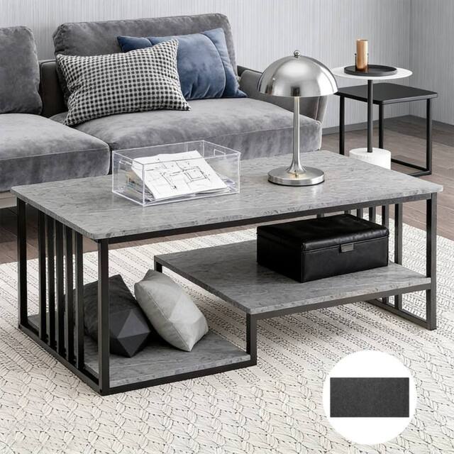 Ventryn 120x60cm 3-Tier Faux Marble Coffee Table Metal Frame Open Storage in Grey - Size: 120x60 cm - image 1