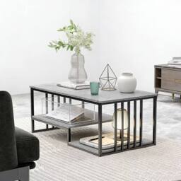 Ventryn 120x60cm 3-Tier Faux Marble Coffee Table Metal Frame Open Storage in Grey - Size: 120x60 cm - thumbnail 4