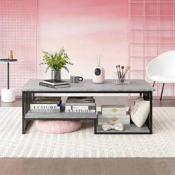 Ventryn 120x60cm 3-Tier Faux Marble Coffee Table Metal Frame Open Storage in Grey - Size: 120x60 cm - thumbnail 3