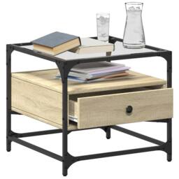 Berkfield Home Decorative Coffee Table with Glass Top Sonoma Oak 50x50x45 cm Steel in Light Brown - Size: 50 x 50 x 45 cm - thumbnail 1