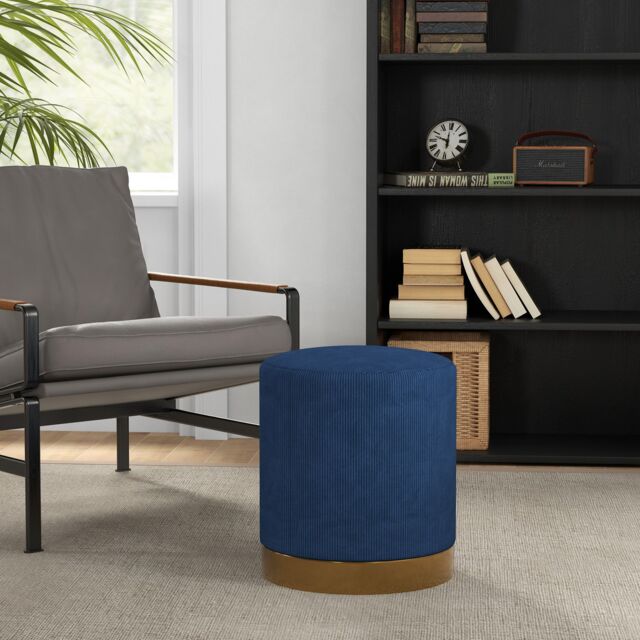HOMCOM Modern Round Footstool, Fabric Upholstered Foot Rest in Dark Blue - image 1
