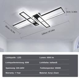 EONLION 65W Modern LED Ceiling Light 6500K 4-Sqaure Ceiling Lamp White 120cm in Black - thumbnail 2
