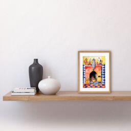 "Artery8 Wall Art Print Kitchen Hearth Fireplace With Coloured Tiles Folk Art Watercolour Painting Artwork Framed 9X7 Inch in Beige - Size: W7"" x H9""" - thumbnail 2