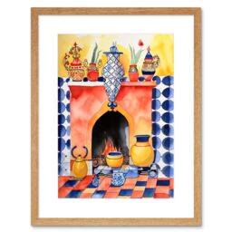 "Artery8 Wall Art Print Kitchen Hearth Fireplace With Coloured Tiles Folk Art Watercolour Painting Artwork Framed 9X7 Inch in Beige - Size: W7"" x H9""" - thumbnail 1