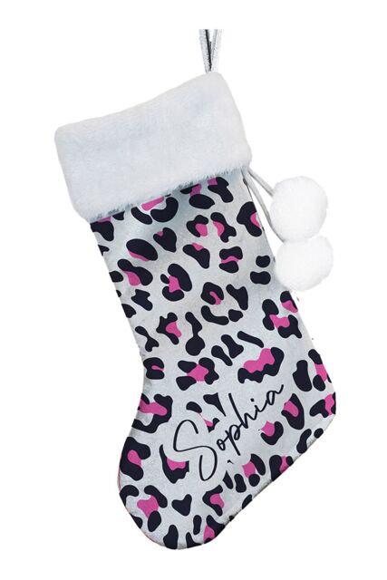 Personalised Memento Company Women's Personalised Leopard Print Christmas Stocking in Grey - image 1