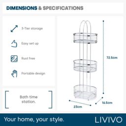 LIVIVO 3 Tier Floor Standing Bathroom Caddy Chrome Shower Organiser Storage Rack Freestanding No Assembly in Metallic Silver - thumbnail 9