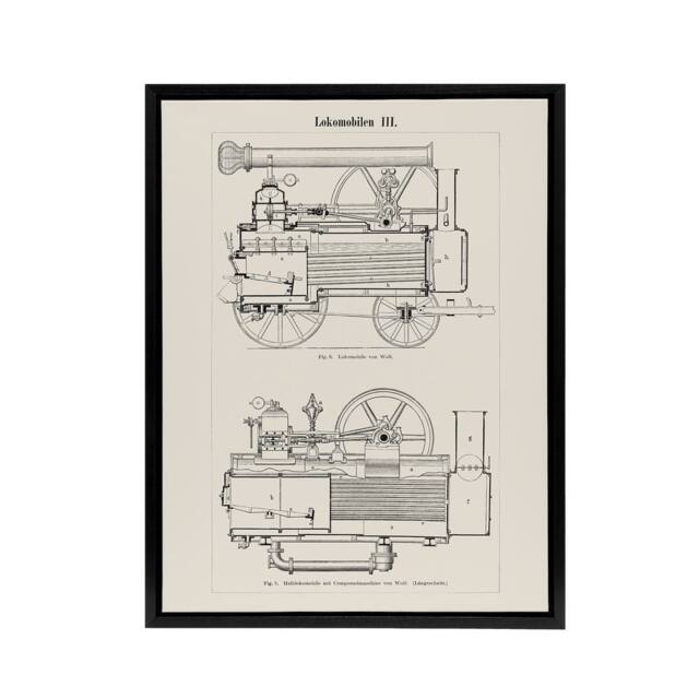 "Artery8 Locomotive Train Engine Compartments Black Framed Canvas Wall Art in White - Size: W12"" x H16""" - image 1