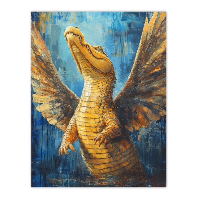 "Artery8 Yellow Crocodile With Angel Wings Oil Painting Wall Art Print - Size: W24"" x H32""" - image 1