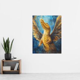 "Artery8 Yellow Crocodile With Angel Wings Oil Painting Wall Art Print - Size: W24"" x H32""" - thumbnail 4