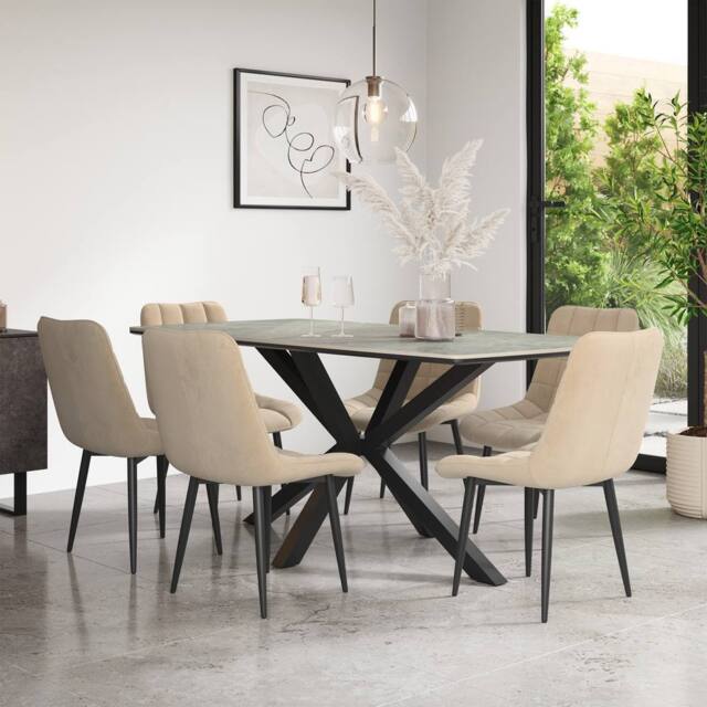 More4Homes Juno Light grey Ceramic Dining Table & 8 Nova Velvet Chairs in Beige - image 1