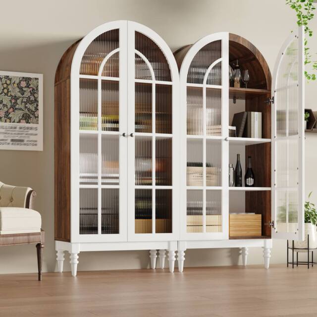 Matteo Arched Fluted Glass Display Cabinet - White Vintage Storage Unit - image 1