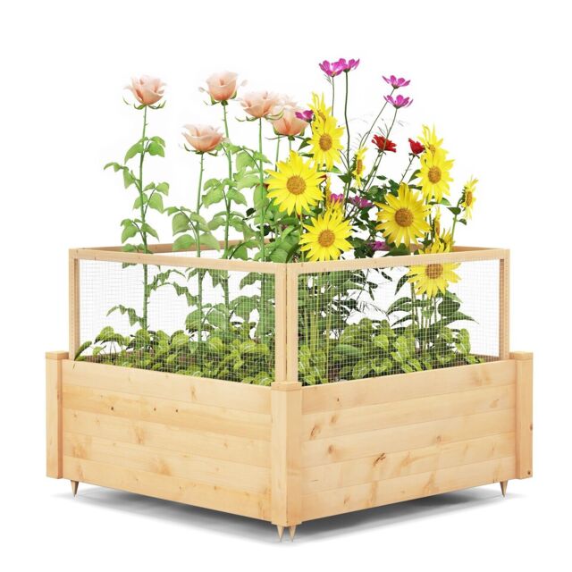 Costway Wooden Elevated Planter Box Square Raised Garden Bed with Fence in Natural - image 1
